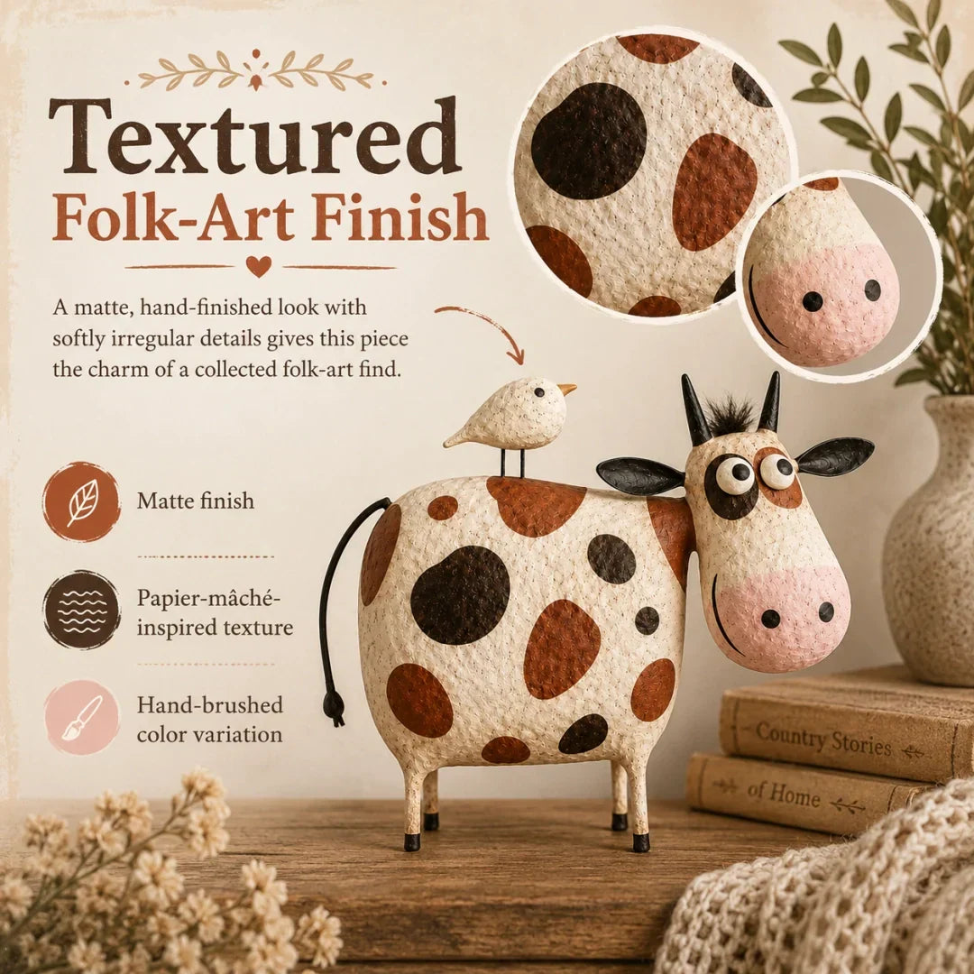 Whimsical Cow & Bird Folk Art Figurine