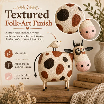 Whimsical Cow & Bird Folk Art Figurine