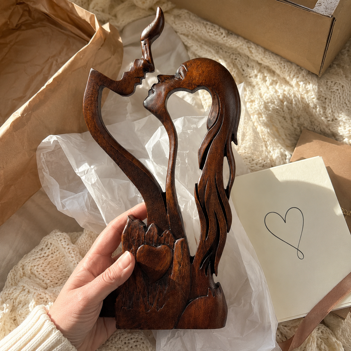 Hand-Carved Christian Love Sculpture – Wooden Couple Statue for Wedding & Anniversary Gift - product view