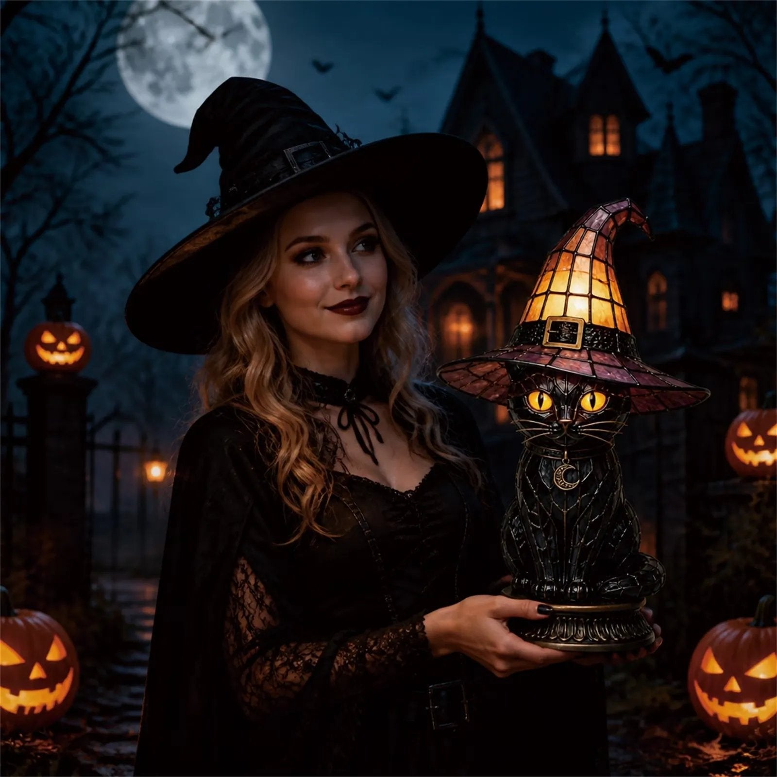 🐈 Gothic Stained Glass Witch Black Cat Table Lamp | Halloween Witch Hat Night Light Decor