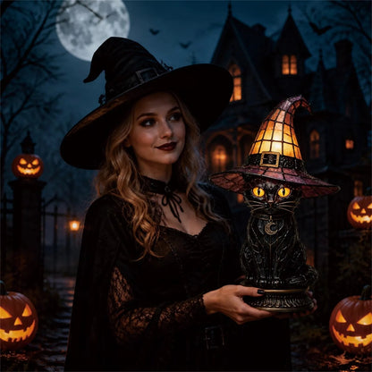 🐈 Gothic Stained Glass Witch Black Cat Table Lamp | Halloween Witch Hat Night Light Decor