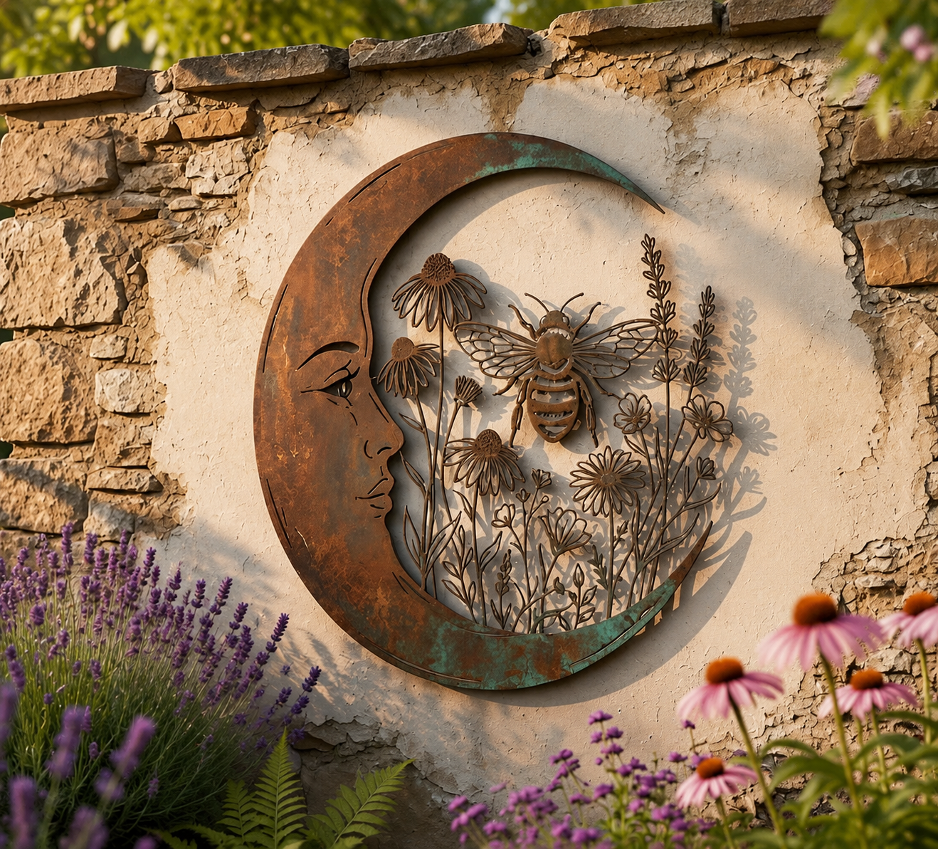 Bee crescent moon metal garden wall decor