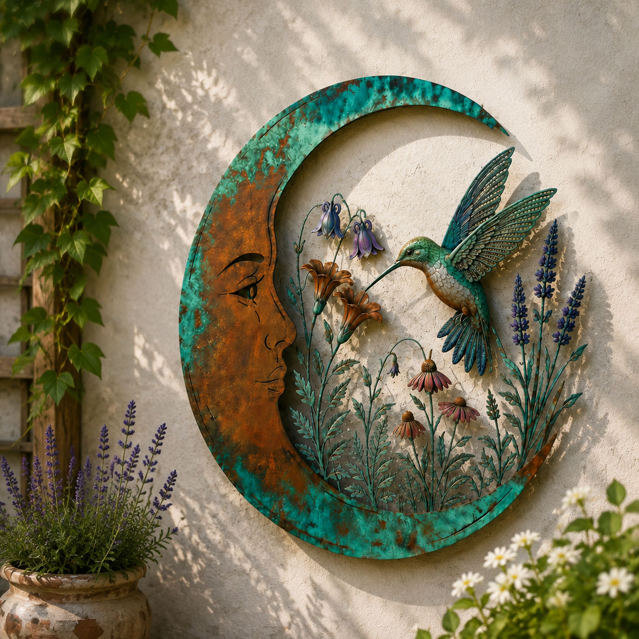 Hummingbird crescent moon garden decor in warm sunlight