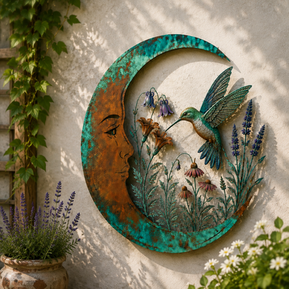 Hummingbird crescent moon garden decor in warm sunlight
