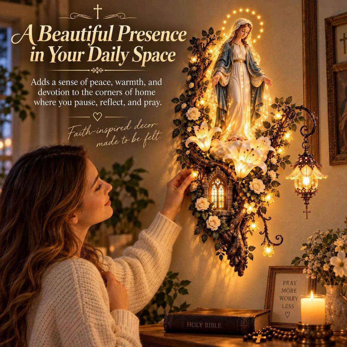🔥HOT SALE🔥🙏✨ Blessed Mother Lighted Wall Décor | Virgin Mary 3D Religious Wall Art with Warm Ambient Glow