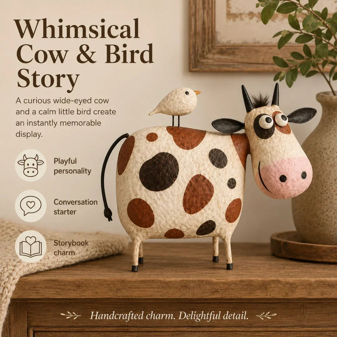 Whimsical Cow & Bird Folk Art Figurine