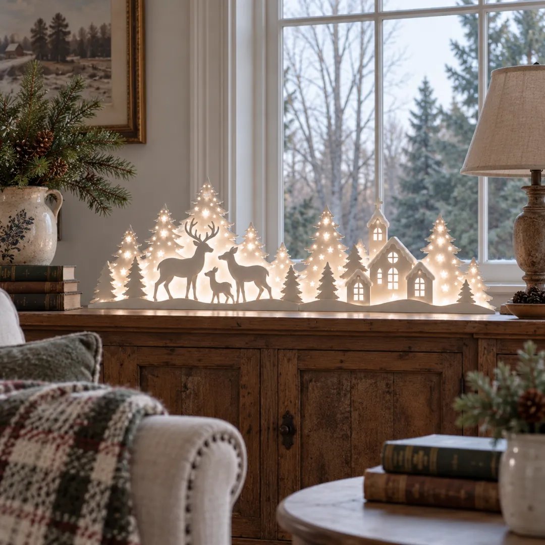 🎁Last Day 49% OFF🔥🦌 LED Christmas Deer & Village Window Decor | 2-Piece Lighted Scene