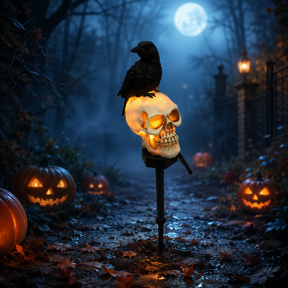 Animated Raven Skull Solar Garden Stake – Spooky Moving Halloween Outdoor Yard Decor