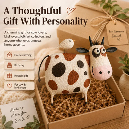 Whimsical Cow & Bird Folk Art Figurine