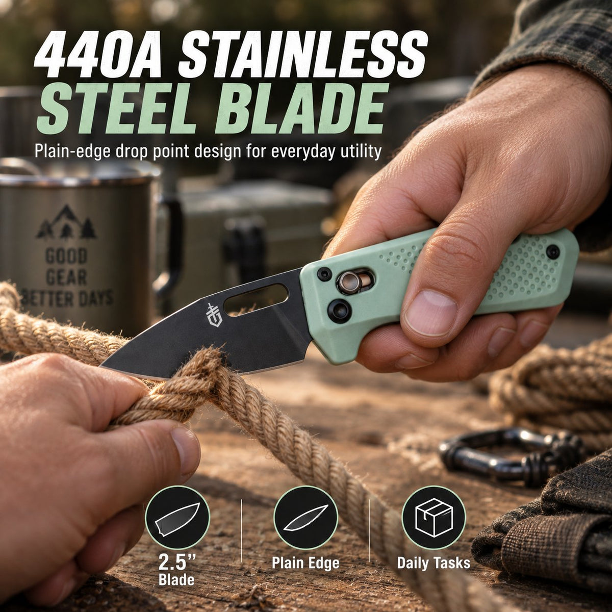 🔪Compact EDC Folding Pocket Knife – 2.5" 440A Stainless Steel Drop Point Blade, Ambidextrous Pivot Lock, Pocket Clip & Lanyard Hole