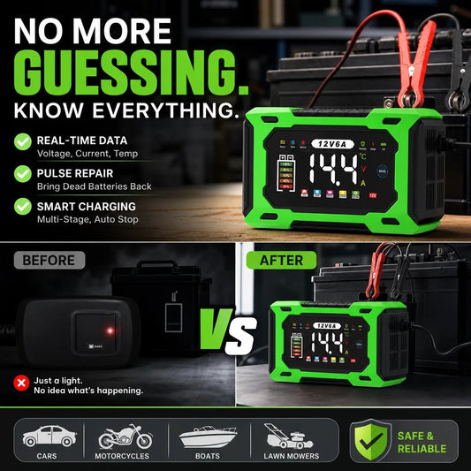 ⏳Time-Limited Special⏰12V 6A Smart Car Battery Charger – Pulse Repair Technology, Auto Maintain & Desulfation