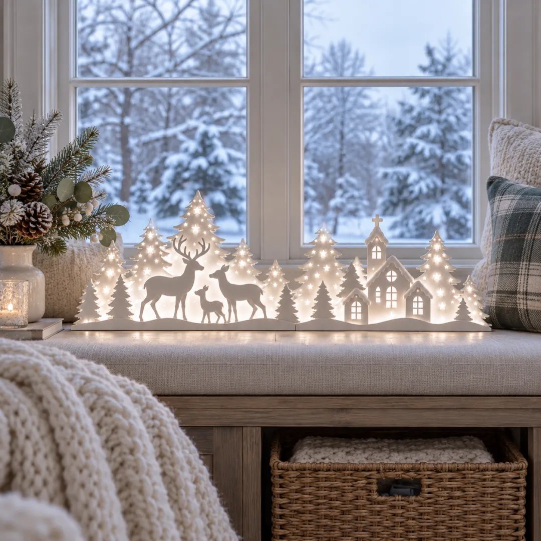 🎁Last Day 49% OFF🔥🦌 LED Christmas Deer & Village Window Decor | 2-Piece Lighted Scene