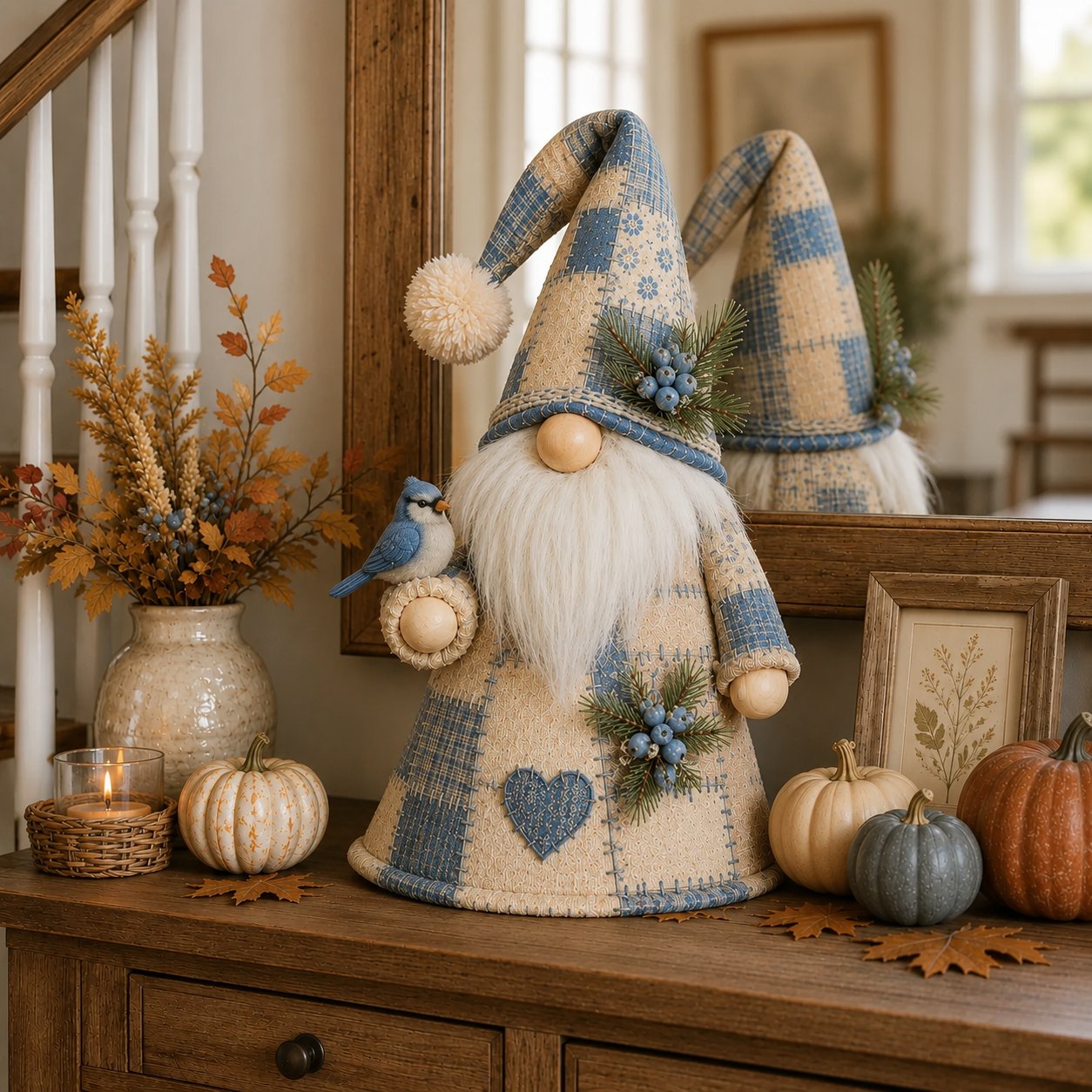 🔥 LAST DAY 49% OFF – 🐦 Patchwork Bird Gnome Light Collection | Warm Glowing Tabletop Decor with Farmhouse Patchwork Details for Mantels, Shelves & Holiday Gifts ✨