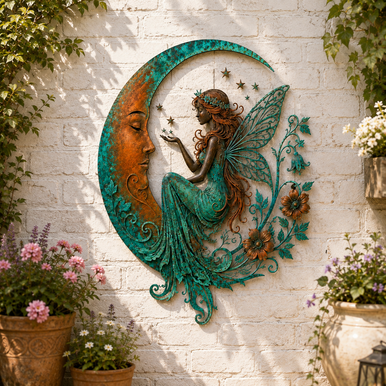 Fairy moon metal wall art on a white brick garden wall