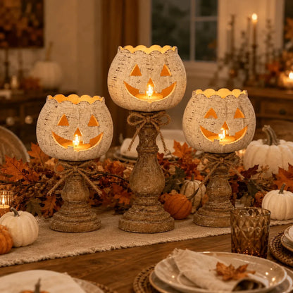 🕯   Set of 3 Rustic White Pumpkin Tealight Candle Holders  | Layered Farmhouse Fall Decor For Halloween & Thanksgiving