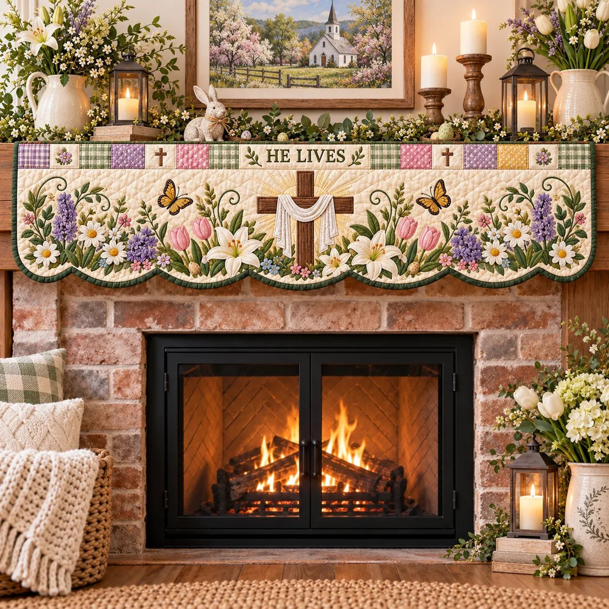⏳ Last Day 49% OFF – ✝️ Easter Faith Quilted Mantel Scarf | Patchwork Christian Fireplace Décor for Spring & Easter 🌷