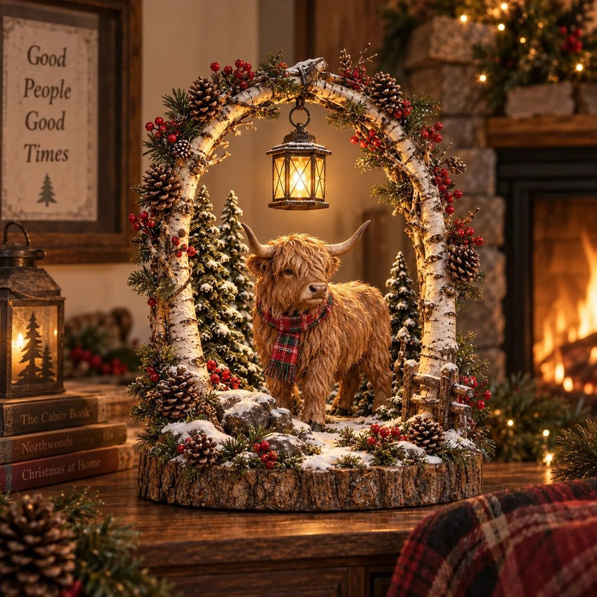 Highland Cow Christmas Woodland Lantern Decor – Rustic Lighted Farmhouse Winter Tabletop Decoration（11.81 × 19.69 inches）