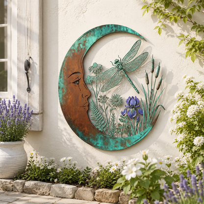 Dragonfly crescent moon wall decor beside a window