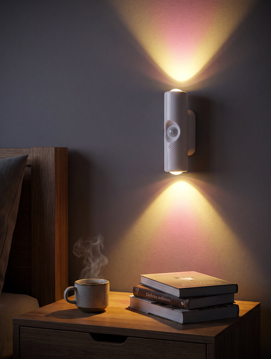 Rechargeable motion sensor wall light beside bed