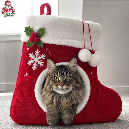 🎄 Christmas Stocking Cat Bed – Ultra-Soft Sherpa Cozy Hideaway for Cats 🐱