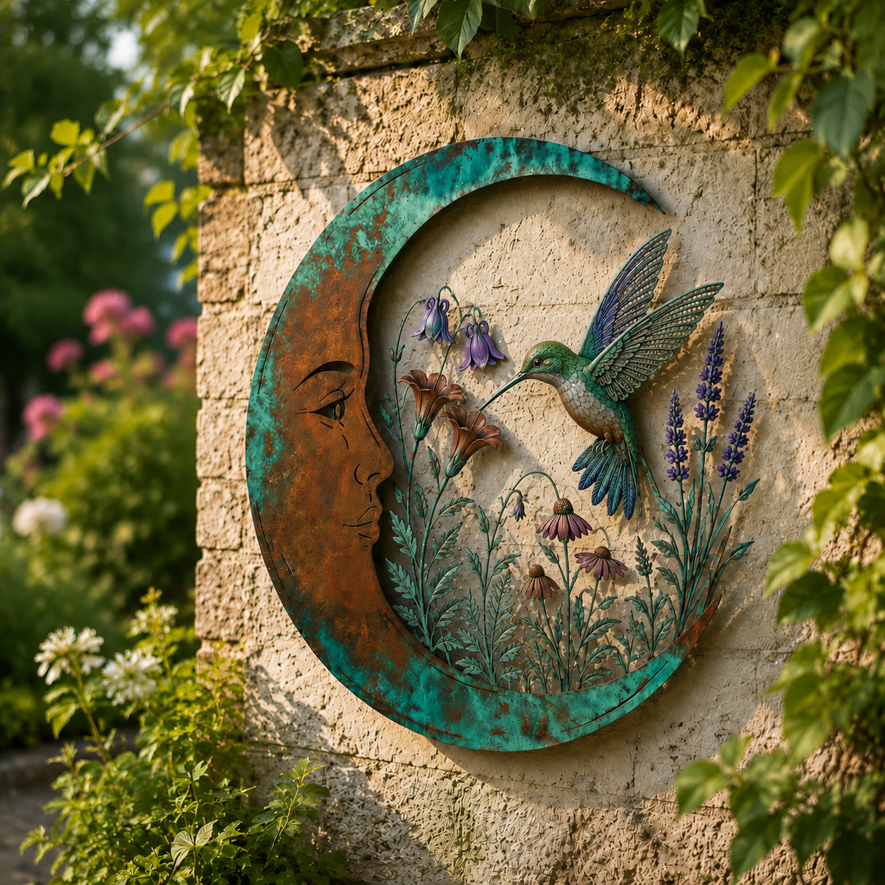 Hummingbird moon wall art on a rustic garden wall