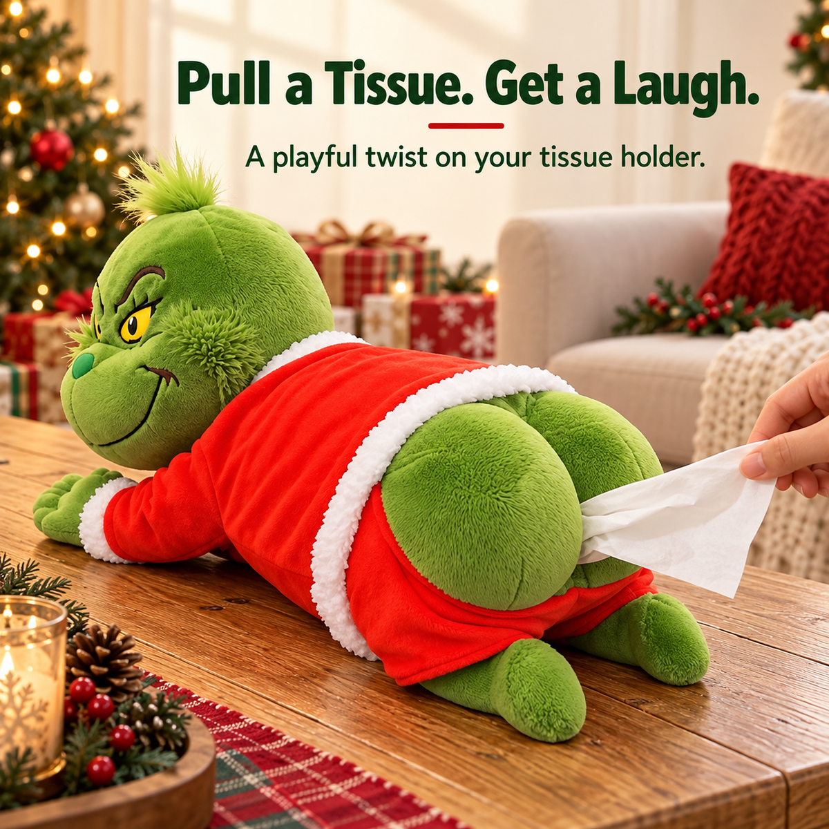🎁Last Day 49% OFF🔥🎄Grinch Plush Tissue Box Cover | Funny Christmas Grinch Tissue Holder, Festive Home Decor & Novelty Holiday Gift