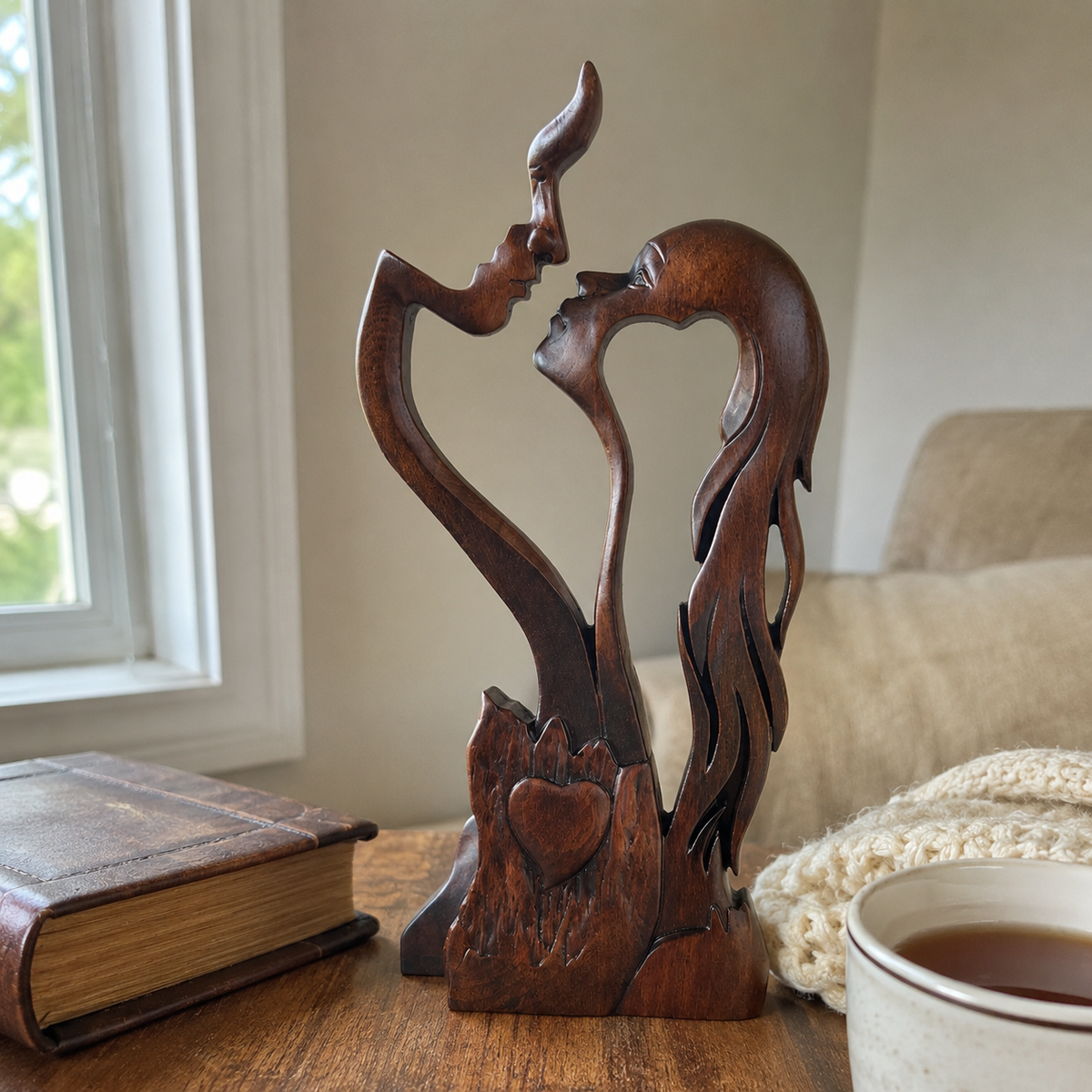 Hand-Carved Christian Love Sculpture – Wooden Couple Statue for Wedding & Anniversary Gift - side view