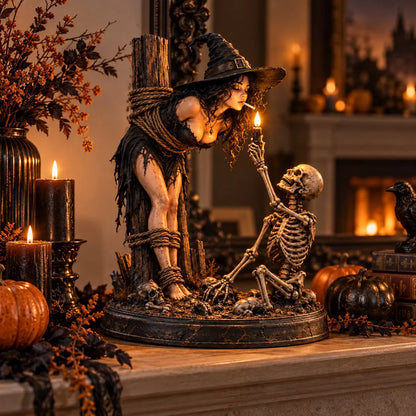 ⏳ Last Day 49% OFF – 🖤 Light-Up Witch & Skeleton Gothic Figurine | Dark Halloween Tabletop Scene with Glowing Flame Detail 🔥