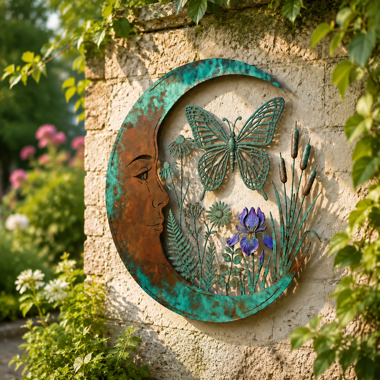 Butterfly crescent moon decor displayed in a sunny garden