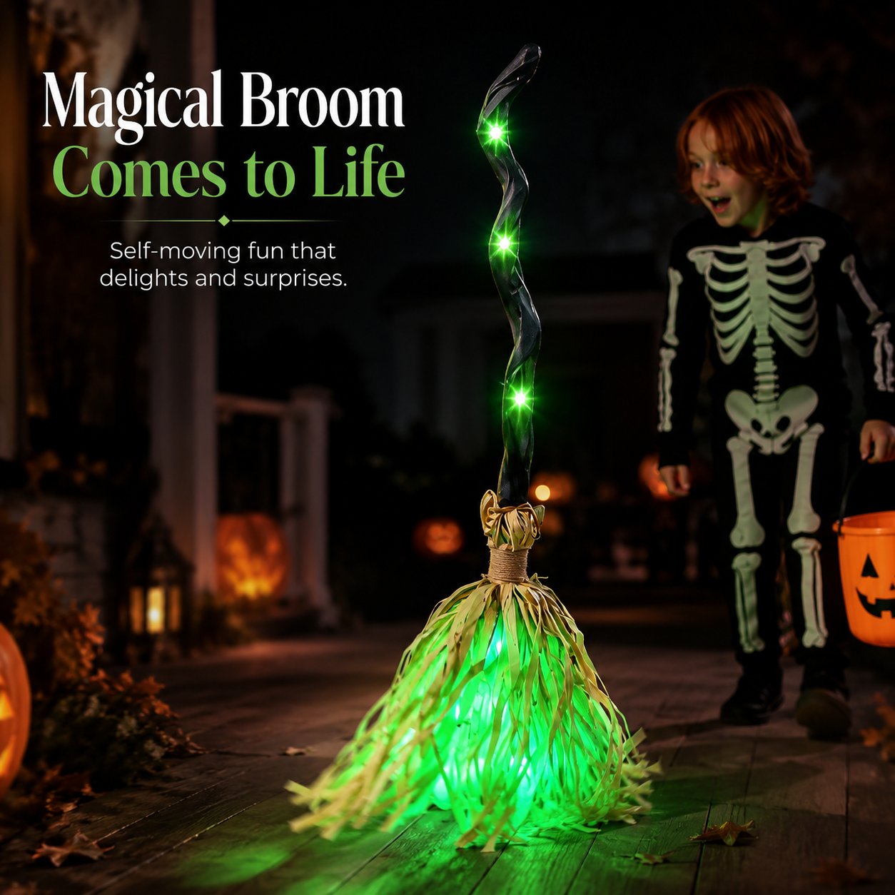Animated Moving Witch Broom, Light‑Sound‑Motion Halloween Prop to Boost Thrill for Your Indoor & Outdoor Party Decor