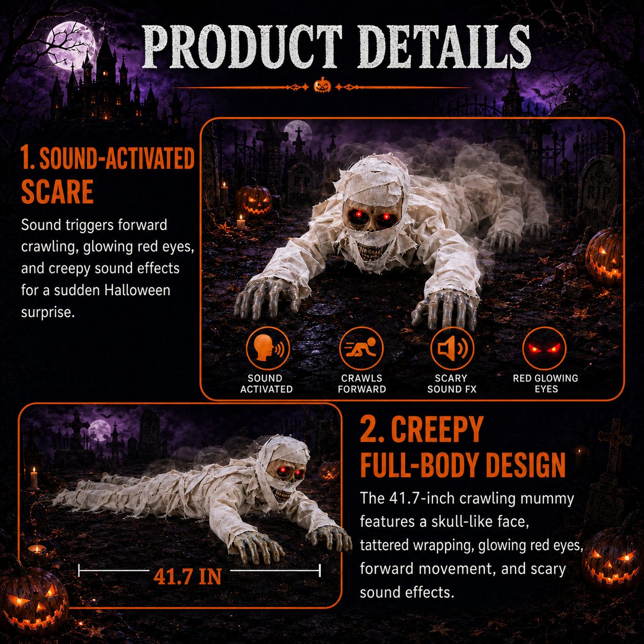 💀Sound-Activated Animated Crawling Mummy with Glowing Red Eyes