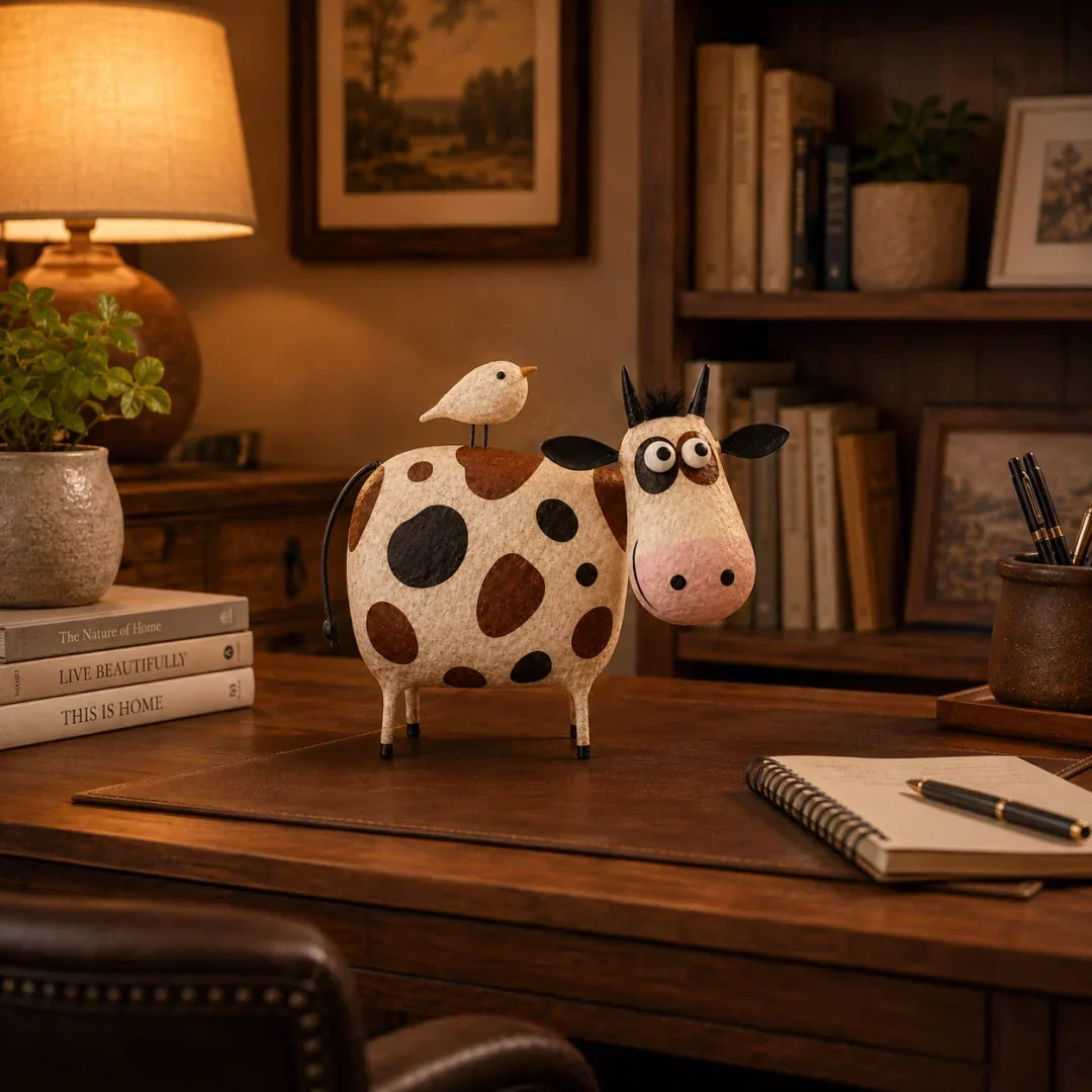 Whimsical Cow & Bird Folk Art Figurine