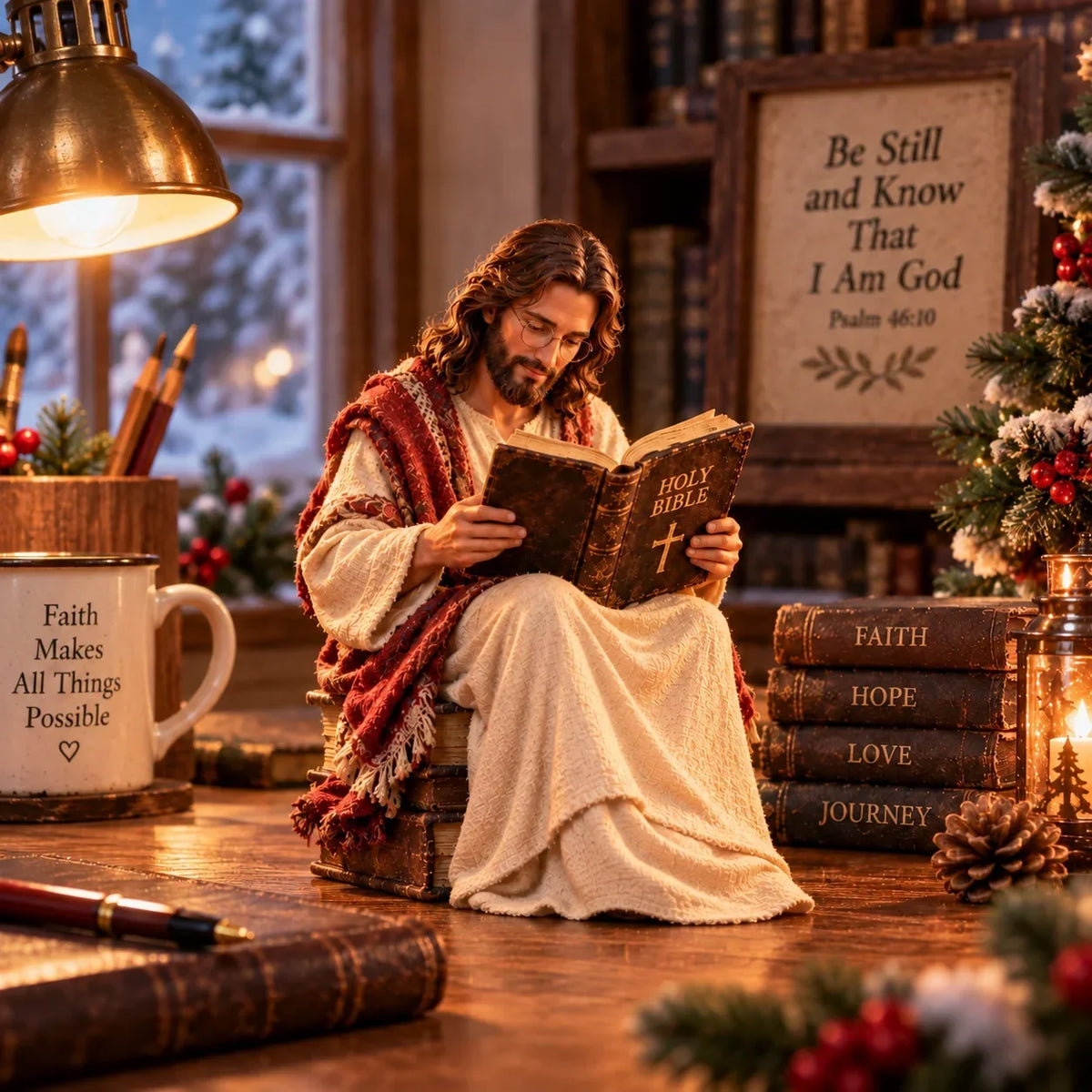 🎁Last Day 49% OFF-✝️Keep Faith Close – Jesus Reading the Bible Figurine