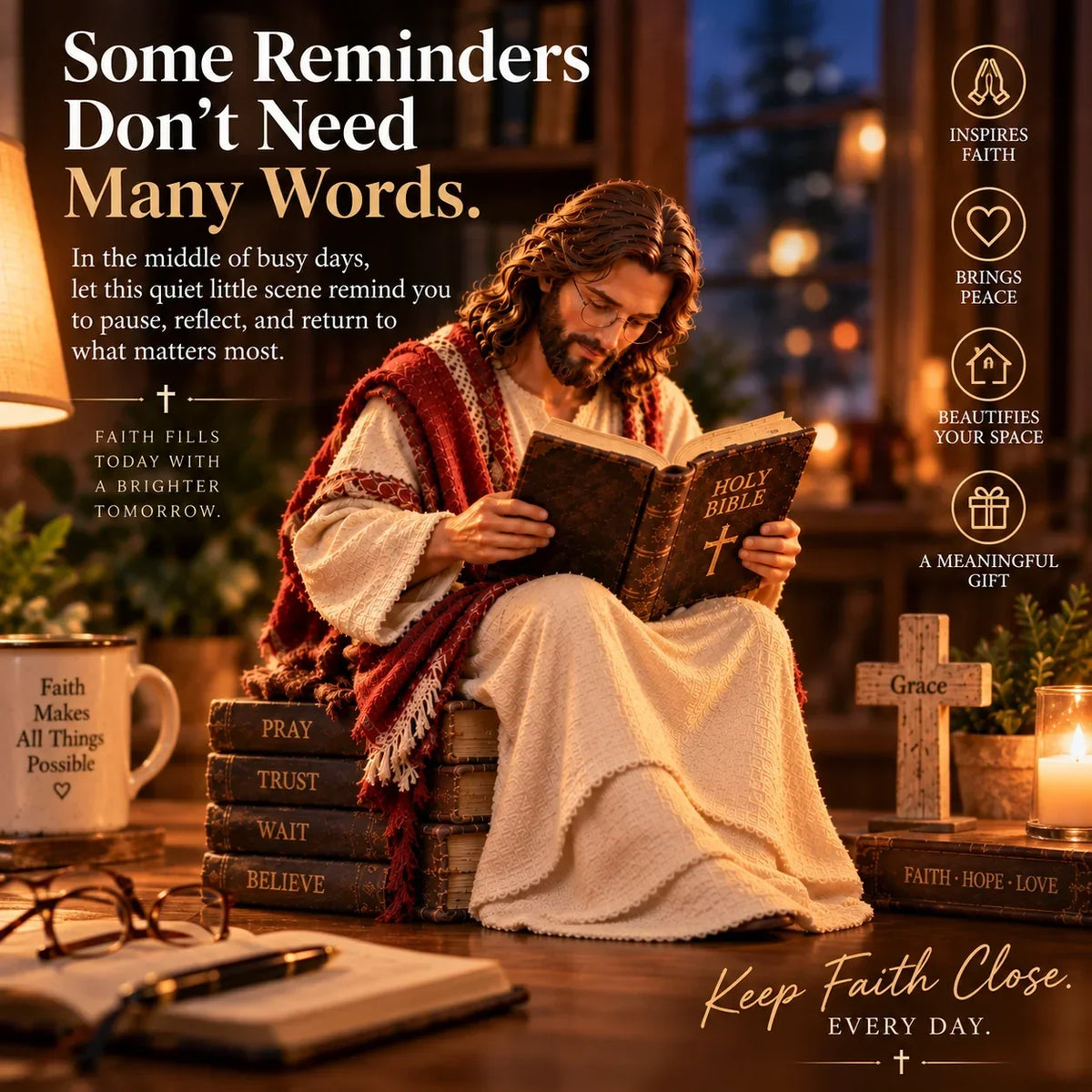 🎁Last Day 49% OFF-✝️Keep Faith Close – Jesus Reading the Bible Figurine