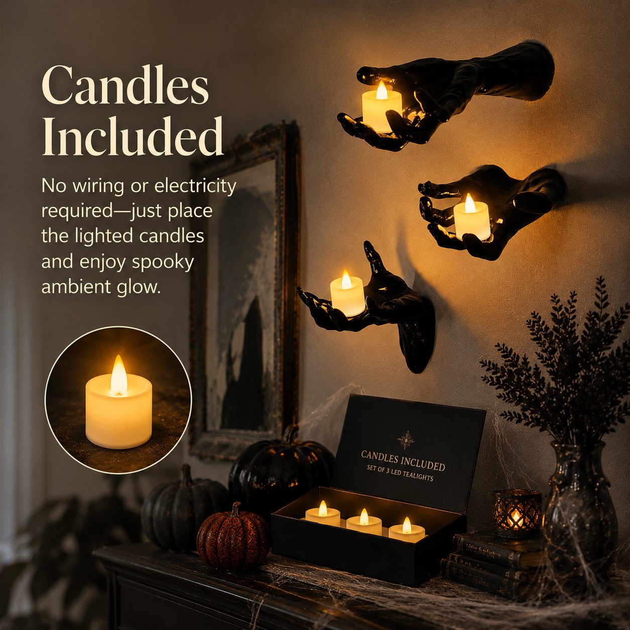 Halloween Decorations, Pack of 3 Wall Mounted Creepy Reaching Hands with Lighted Candles