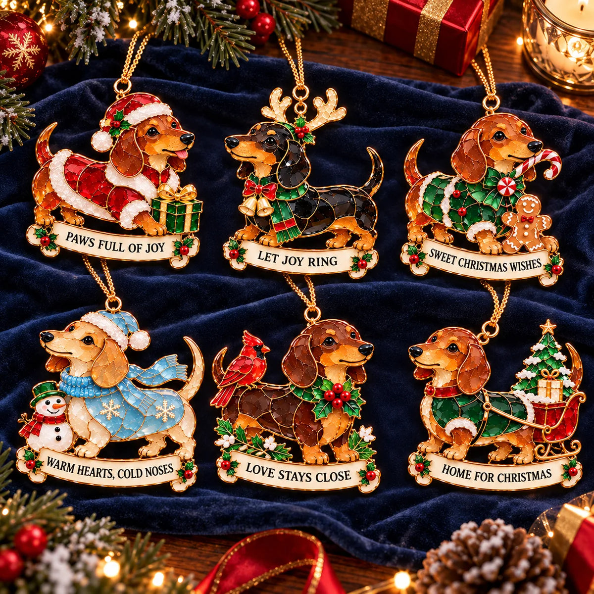 🐾🎄 Dachshund Christmas Ornaments Set Of 6 - Stained Glass Style
