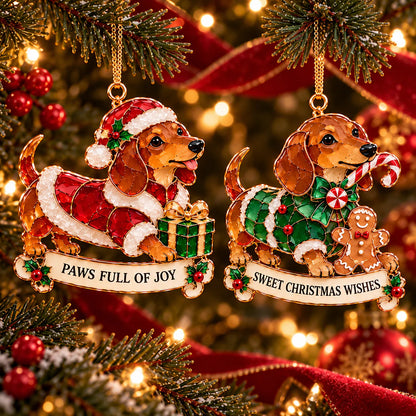 🐾🎄 Dachshund Christmas Ornaments Set Of 6 - Stained Glass Style