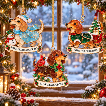 🐾🎄 Dachshund Christmas Ornaments Set Of 6 - Stained Glass Style