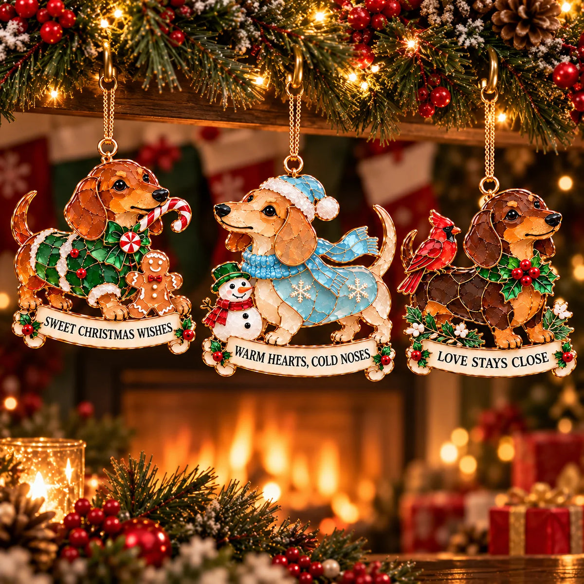 🐾🎄 Dachshund Christmas Ornaments Set Of 6 - Stained Glass Style