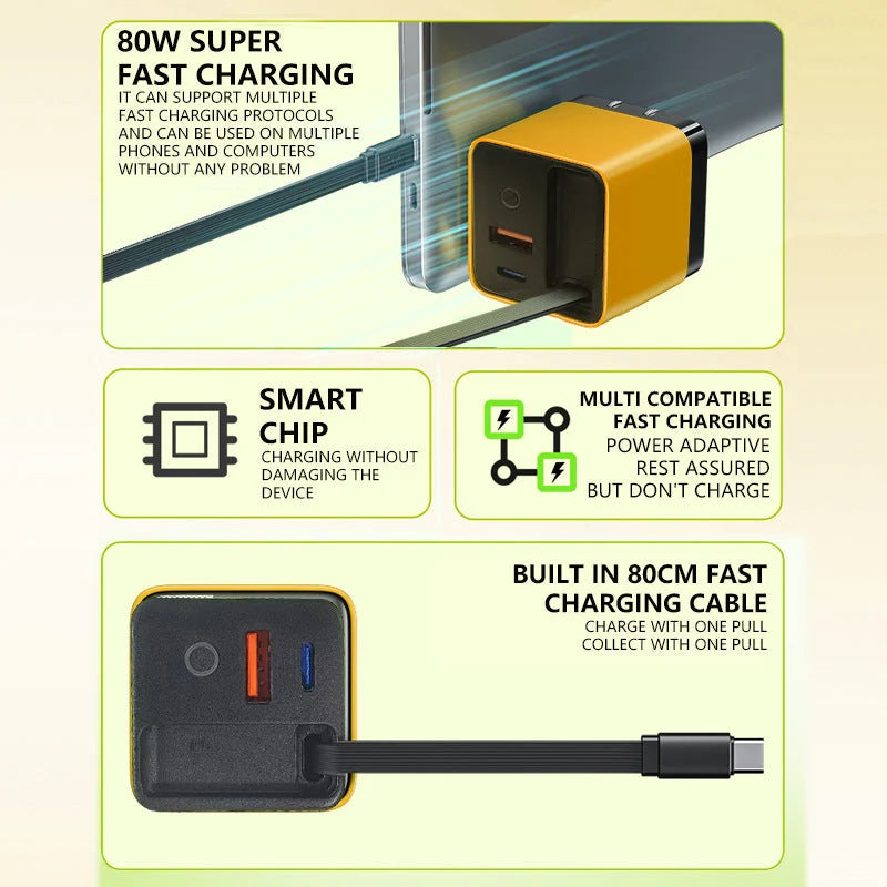 💥65w Fast Charging Phone Charger Block With Retractable 80cm Type-c Cable