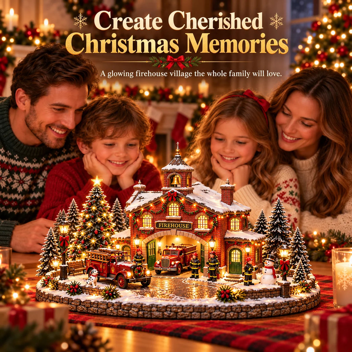 🎄 Christmas Firehouse Village™🎄 – Warm Led Lights, Vintage Fire Trucks & Cozy Holiday Display