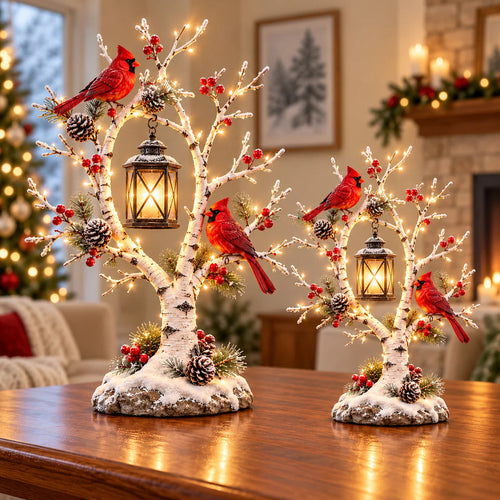 🔥Cardinal Winter Lantern Tree™ – Lighted Snowy Birch Tree with Red Cardinals & Hanging Lantern ✨
