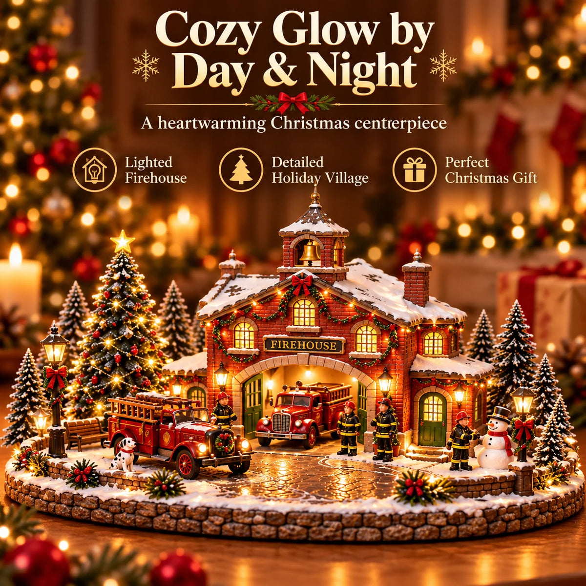 🎄 Christmas Firehouse Village™🎄 – Warm Led Lights, Vintage Fire Trucks & Cozy Holiday Display