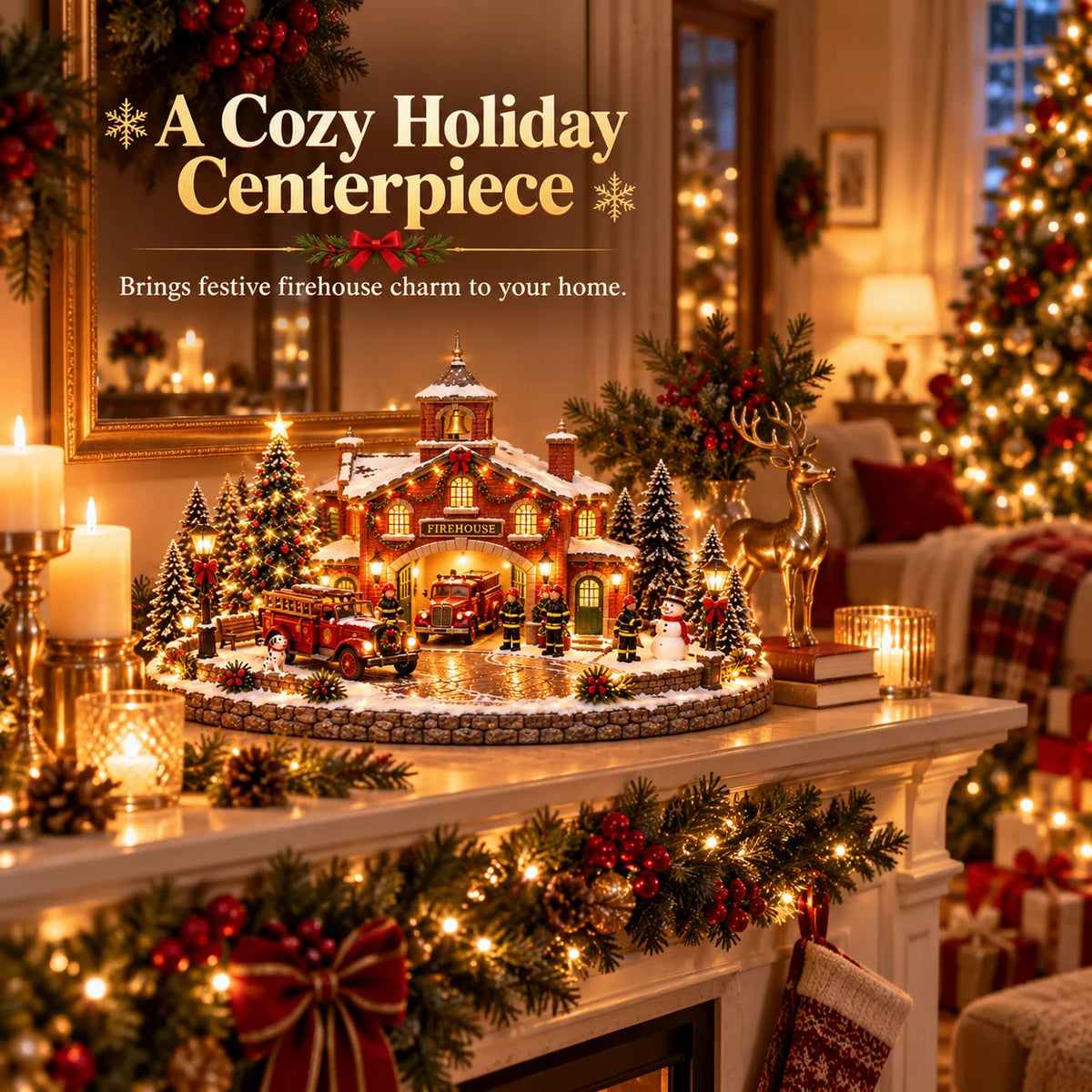 🎄 Christmas Firehouse Village™🎄 – Warm Led Lights, Vintage Fire Trucks & Cozy Holiday Display