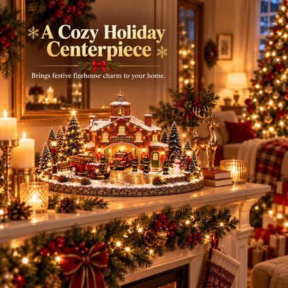 🎄 Christmas Firehouse Village™🎄 – Warm Led Lights, Vintage Fire Trucks & Cozy Holiday Display
