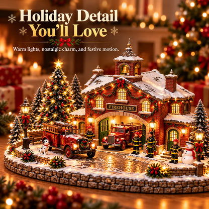 🎄 Christmas Firehouse Village™🎄 – Warm Led Lights, Vintage Fire Trucks & Cozy Holiday Display