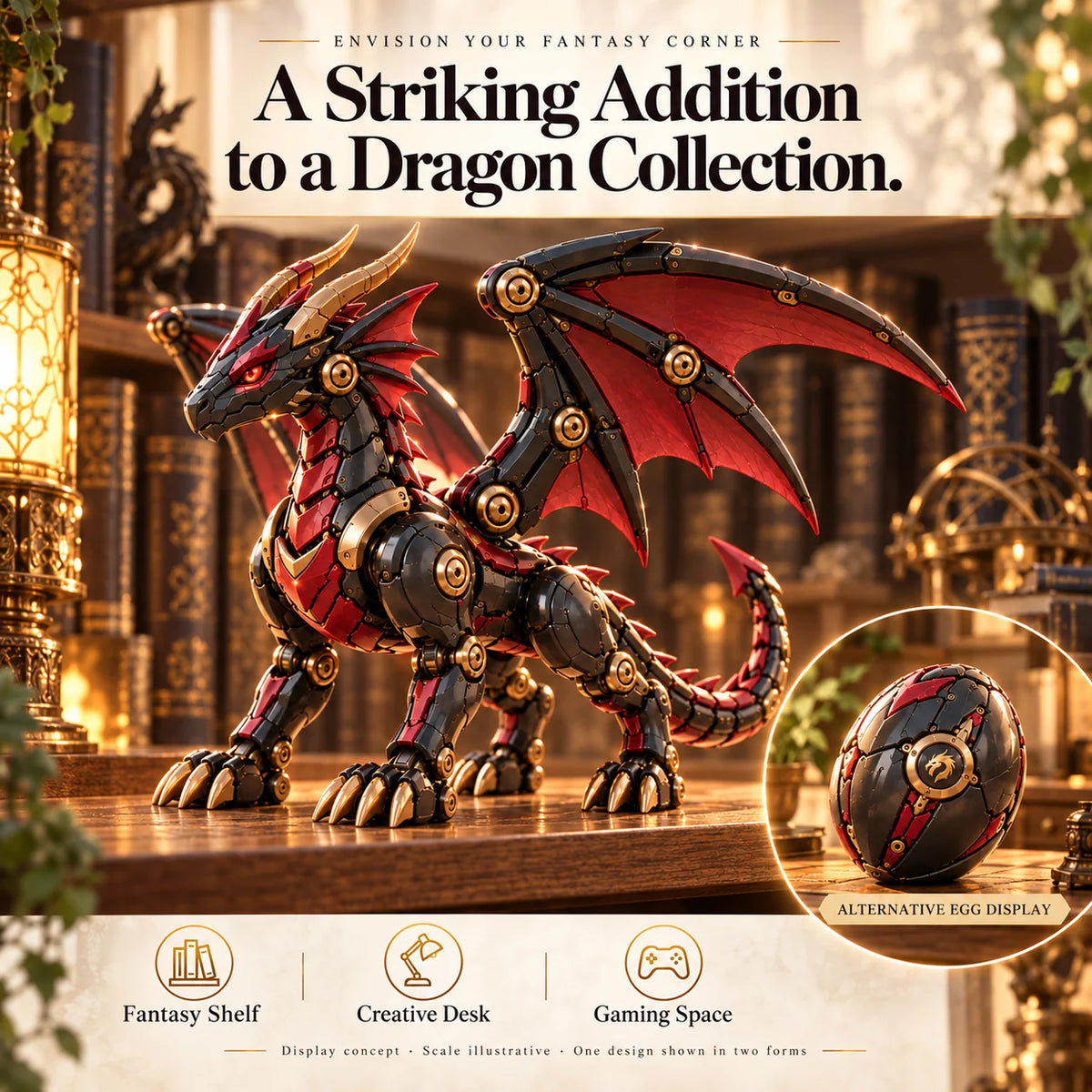 🐉🔥last Day 49% Off - Mechanical Dragon Egg – Black & Crimson Dragon With Folding Wings & Armored Details