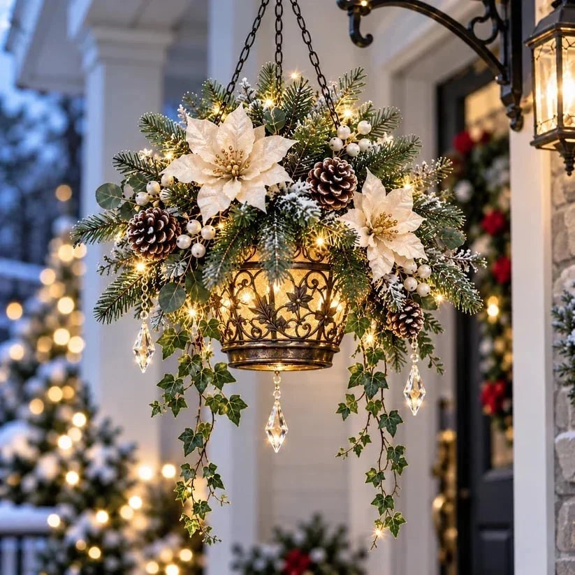✨❄️ Winter Bloom Glow™ Hanging Basket – Lighted Christmas Porch Decor