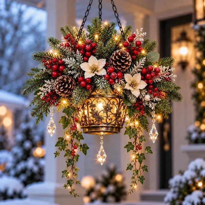 ✨❄️ Winter Bloom Glow™ Hanging Basket – Lighted Christmas Porch Decor