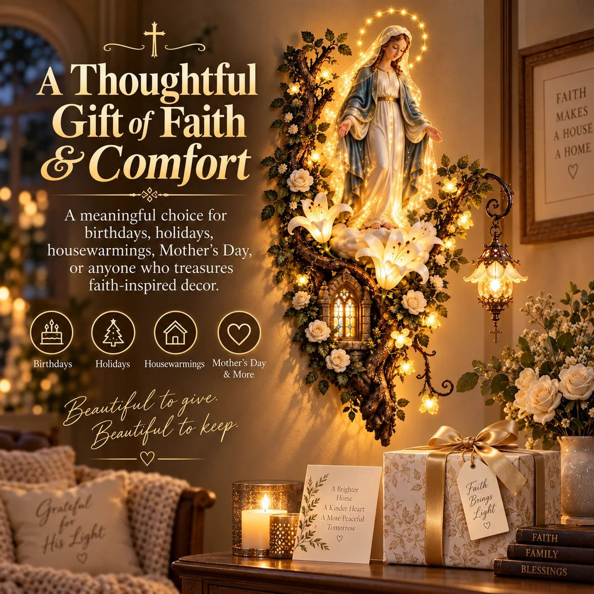 🔥HOT SALE🔥🙏✨ Blessed Mother Lighted Wall Décor | Virgin Mary 3D Religious Wall Art with Warm Ambient Glow